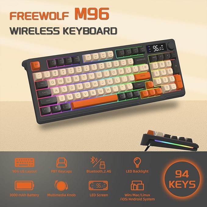 FREEWOLF M96 Draadloos Gaming Toetsenbord, Knop Bediening Bluetooth/2.4G Draadloos Mechanisch Gevoel Toetsenbord, RGB LED-Backlit met scherm, PBT Keycap, 3000mAh, US Layout voor Win/Mac-Flikkering