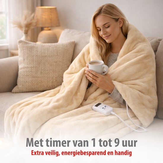 alpina Warmtedeken Elektrische Bovendeken 130 x 180 cm - 1-Persoons Elektrische Warmte Deken met Timer 1-9u - Knuffeldeken met 10 Standen - Wasbare Omslagdeken - Flanel - Beige