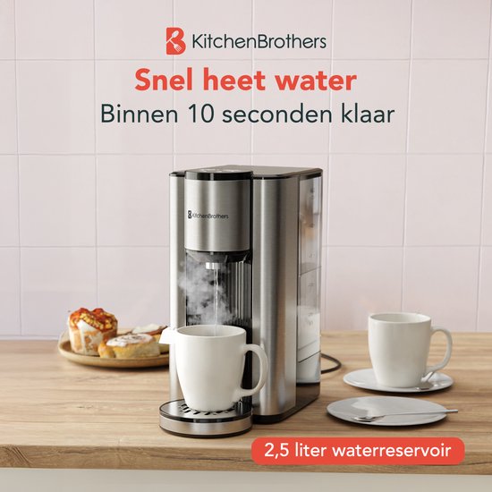 KitchenBrothers Heetwaterdispenser - 2.5L - Instant Waterkoker - BPA en PFAS Vrij - 3 standen van 150 t/m 300 ml - Heetwatertap - 40-100°C - RVS