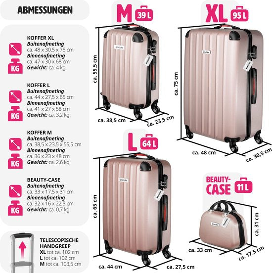 tectake® - 4-delige reiskofferset inclusief koffertrolley en bagageweger, 360° wielen, harde koffer met cijferslot, grote koffer, stapelbaar, trolley handbagage - rosegold