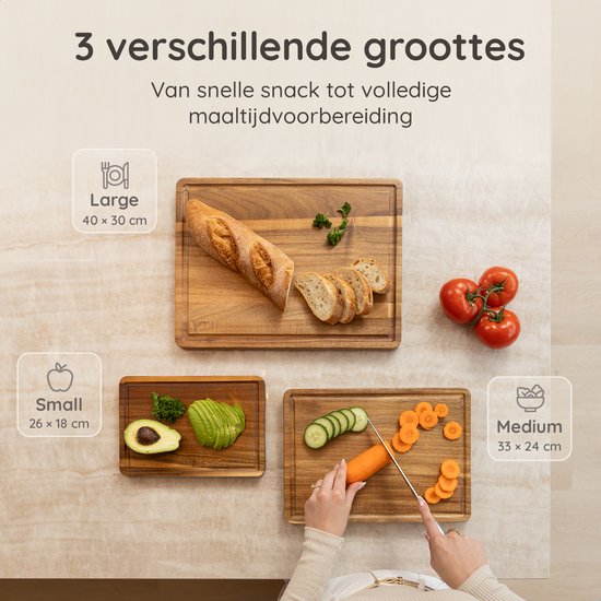 Deleca 3-delige Snijplankenset Sevilla met Houder - Snijplanken (40x30 | 33x24 | 26x18 cm) - Voor Keuken, Serveerplank, Kaasplank, Borrelplank, Snijplank en Tapasplank - FSC Acacia Hout