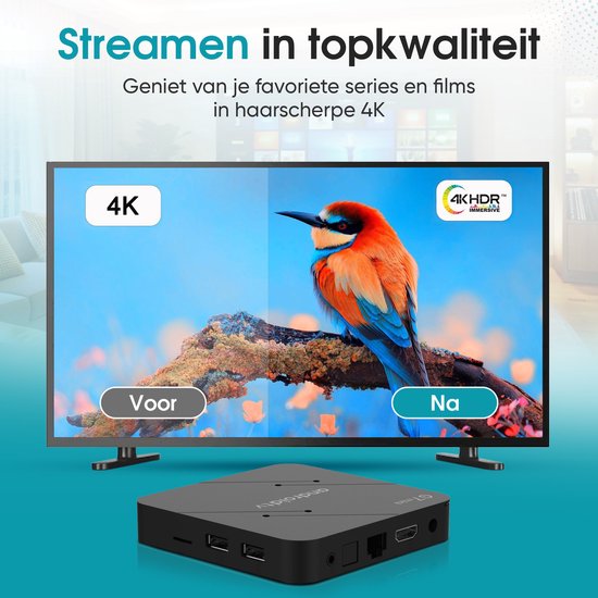 Tibagoods Mediaplayer - Android TV Box 4K HDR - Geschikt voor chromecast streaming - Mediabox - Tv Dongel - Streaming box met wifi - Creëer je SMART TV - Geschikt voor alle soorten streaming apps