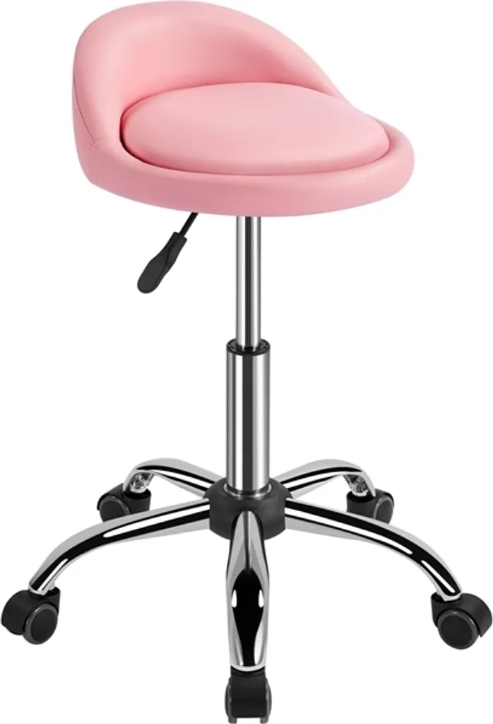 Yaheetech Verstelbare Werkkruk met Wielen en Rugleuning - Roze - 46,5-61 cm