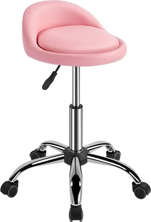 Yaheetech Verstelbare Werkkruk met Wielen en Rugleuning - Roze - 46,5-61 cm