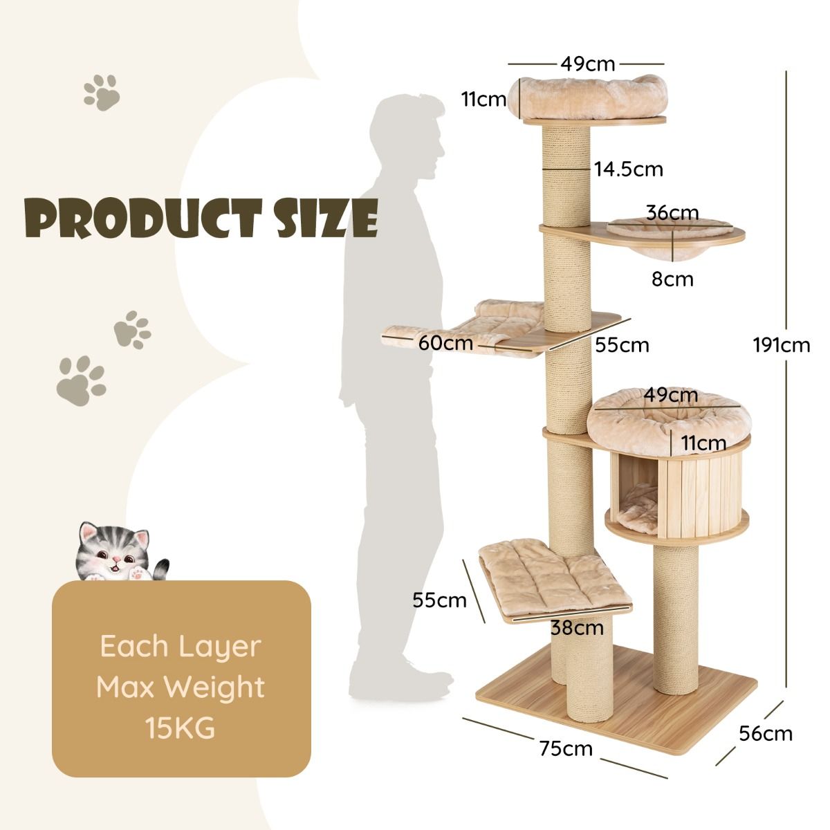 Coast Kattenklimrek - Meerdere niveaus - Krabpalen en hut - Hangmat en wasbare matten - Beige 75 x 56 x 191 cm