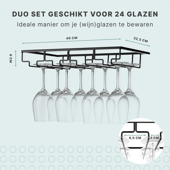 S.old Wijnglazenhouder Ophangrek 2 Stuks voor 24 Glazen - Wijnglazenrek Hangend - Wijnglashouder - Glazenrek - Mat Zwart Metaal