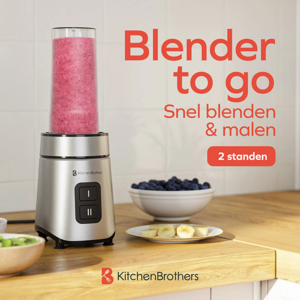 KitchenBrothers Mini Blender To-Go met 2 Flessen van 600 ml - 550 W - 4 RVS Messen - Zwart