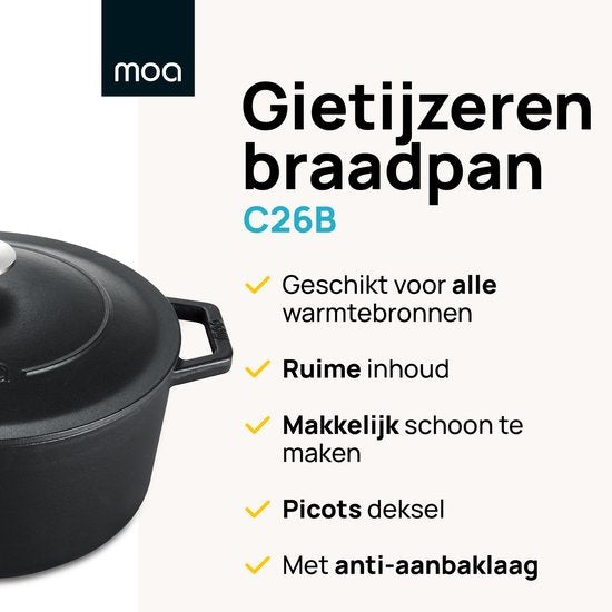 MOA Braadpan - Gietijzer - Inhoud 5,7 liter - 26CM - Rond - Alle warmtebronnen - Ook voor inductie - Gewicht 5,8 kg - Zwart - C26B