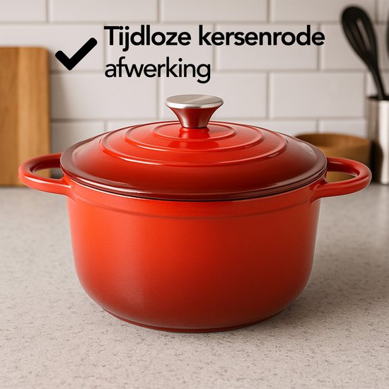 Aviro Gietijzeren Braadpan - Ø26CM - 5L - Alle Warmtebronnen Incl. Inductie - Stoofpot - PFAS-vrij - Met Deksel - Rood