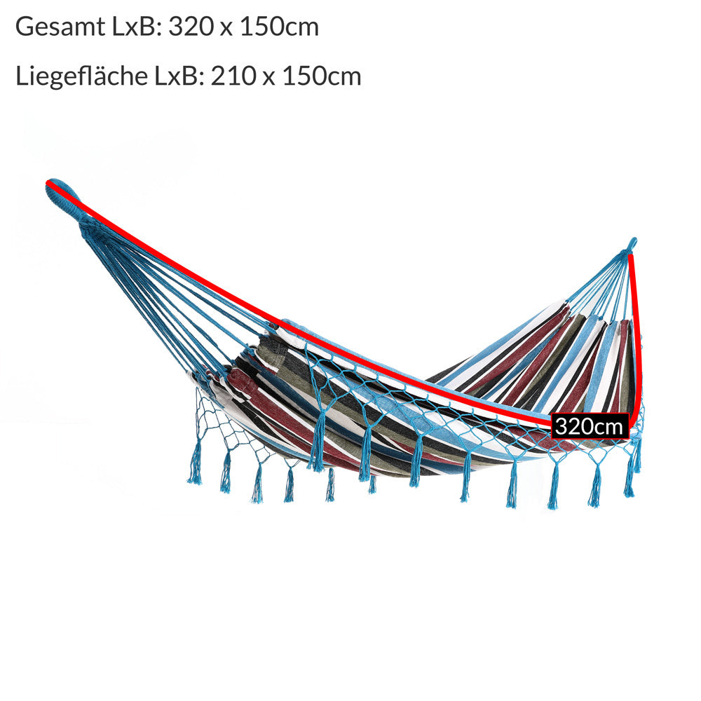 Detex Hangmat met Franjes - 320x150cm – Belastbaar tot 300kg - Blauw
