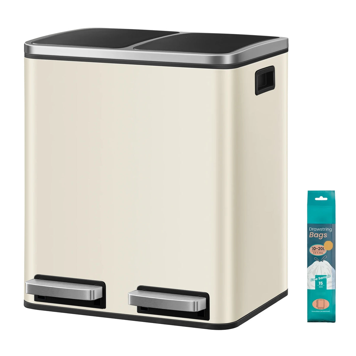 Joyfurnos Dubbele Pedaalemmer - Beige & Zwart - 2 x 15 Liter - Softclose Deksel - Staal - 41,8 x 35,9 x 44,5 cm