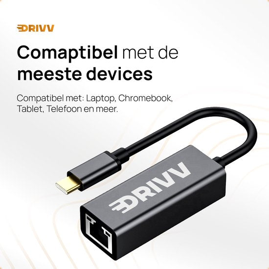 Drivv. USB-C naar Ethernet Adapter / Internet / Netwerk - 10/100/1000 MBps - Grijs