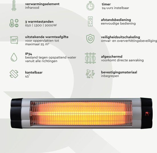 BRASQ Elektrische Terrasverwarmer Hangend PHW200 - 87 × 9 × 19 cm - Infrarood Heater 2500W - met Afstandsbediening en timer - 3 warmtestanden - Voor binnen en buiten - Spatwaterdicht - Zwart