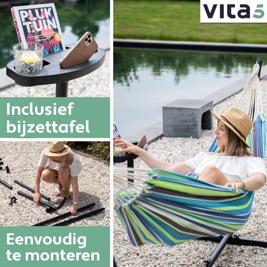 Vita5 Hangmat met Standaard – 2 Persoons – Incl. Bekerhouder – 205kg Draaggewicht – Groen/Blauw