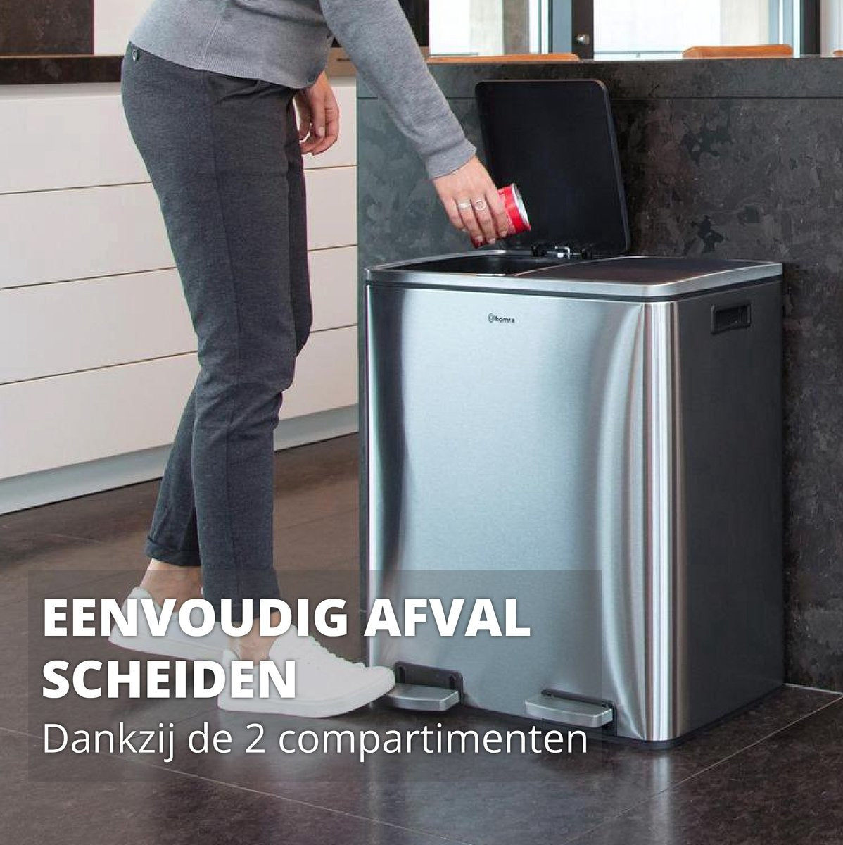 Homra QUICKX Duo - Prullenbak - Afvalscheiding - 2 Vakken – RVS - 60 liter (2x30 L)