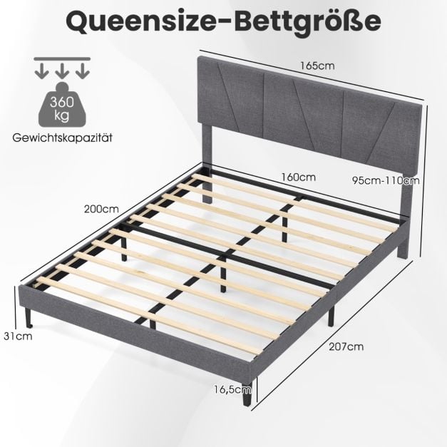 Coast Gestoffeerd Bedframe – 160 x 200 cm – Verstelbaar Hoofdbord – Donkergrijs