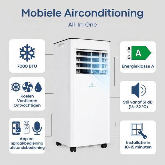 Aironex Mobiele Airco 7000 BTU – App & Afstandsbediening – Stil & Compact – Mobiele Airconditioner met Raamafdichting - Mobiele Airco voor Slaapkamer, Woonkamer, Kantoor