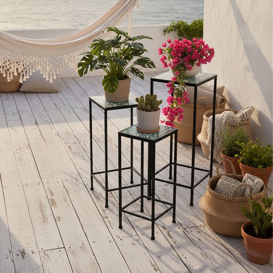 AXI Eline Mozaïek Plantentafel Vierkant Multikleur - Set 3 stuks – Bijzettafels - Diverse Afmetingen - Mozaïeklook – Ingelegd met keramische tegels – Voor binnen, tuin, terras en balkon