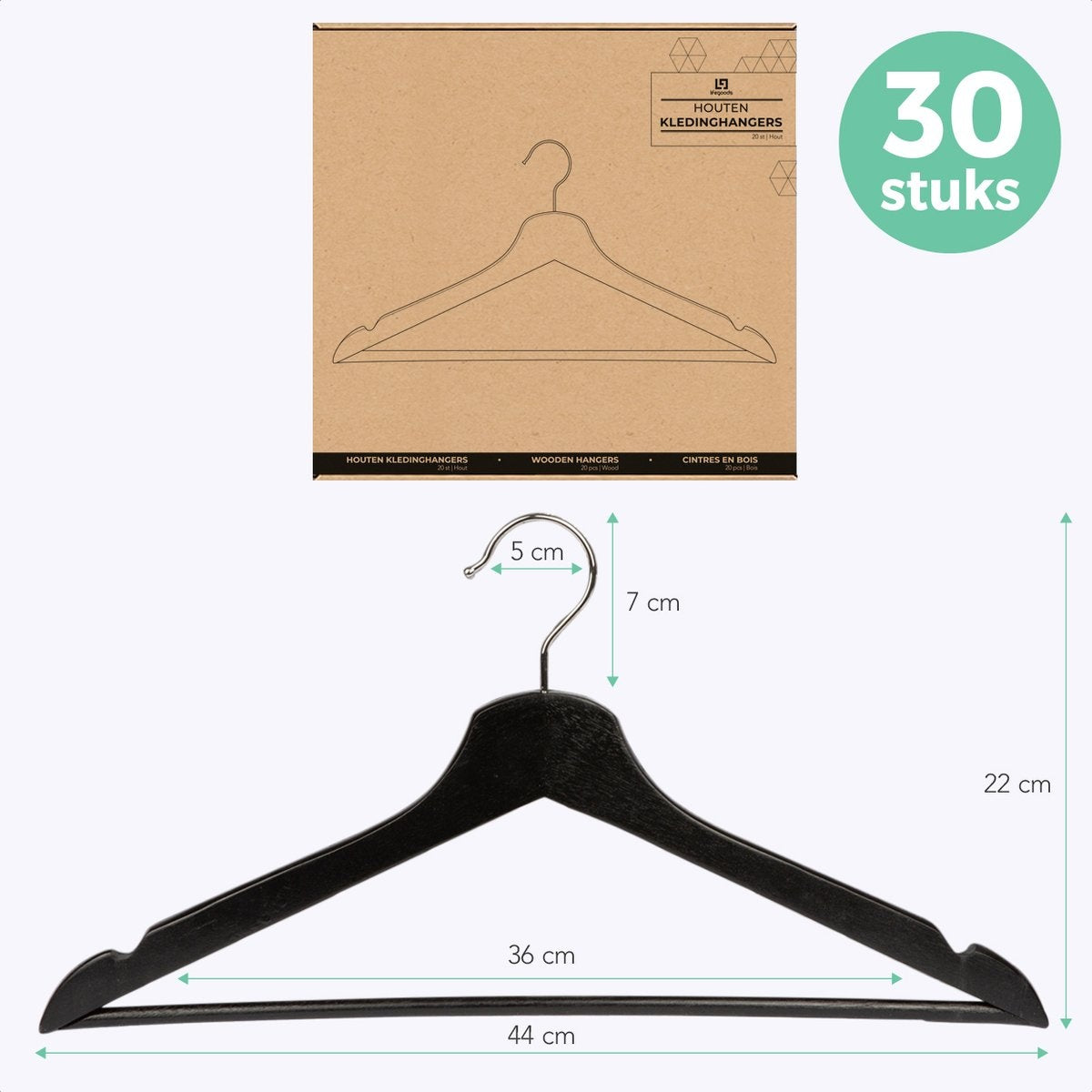 LifeGoods Kledinghangers - Met Broeklat - Hardhout - Zwart - 30 Stuks