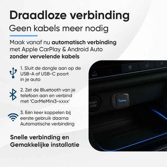 CarMe Ultra Mini 2-in-1 CarPlay Dongle - Draadloos CarPlay & Android Auto - USB-A & USB-C - Zwart