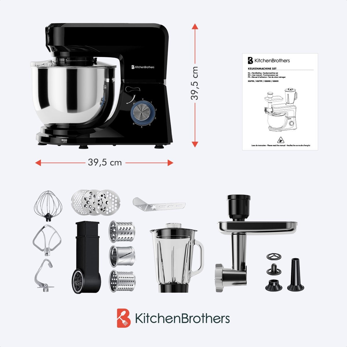 KitchenBrothers Keukenmachine – Incl. Accessoires – 1500 W – 6.2 L – 39,5 × 21,4 × 34,1 cm – Zwart
