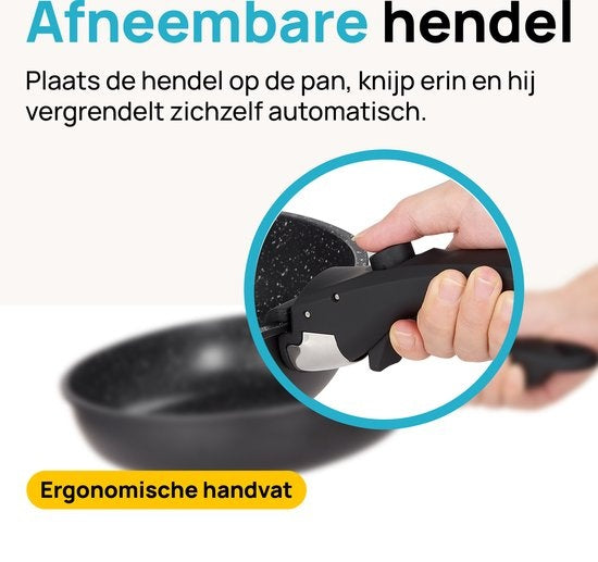 MOA Pannenset - 5 delig - Alle warmtebronnen - PFAS vrij - Anti aanbaklaag - Pannenset Inductie - Aluminium - Afneembare hendel - Zwart - PS501B