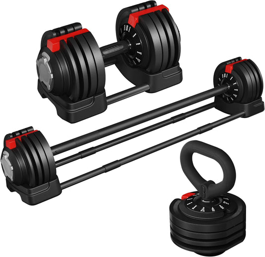 Yaheetech Verstelbare Halterset - 18/24/40 kg - 3-in-1 - 12 Gewichtsstanden - Korte Halter, Kettlebell en Lange Halter