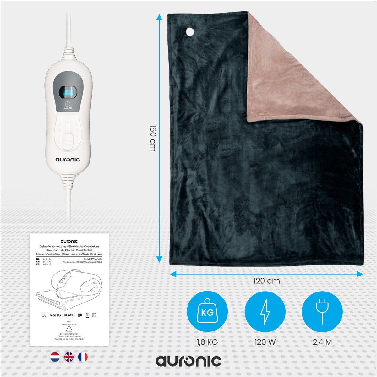 Auronic Elektrische Warmtedeken - 1 Persoons - 3 Warmtestanden - met Timer - 160 x 120cm - Antraciet