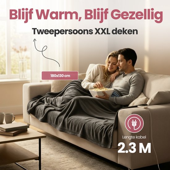 STAUS&BACH Elektrische deken 3XL - 2 persoons bovendeken - Dubbelzijdig Fleece Sherpa Warmtedeken - Antraciet grijs - 180x160 cm PowerNap