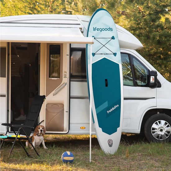 LifeGoods SUP Board Allround Compact - 100 KG Draagkracht - 300 x 76 cm - Opblaasbaar - Compleet SUP pakket - Wit/Deep Aqua