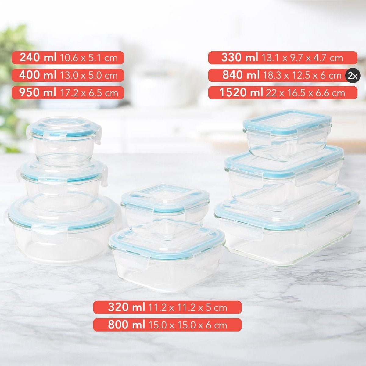 KitchenBrothers Meal Prep Bakjes - Vershoudbakjes Set - Luchtdicht - BPA Vrij - Glas - 9 Stuks