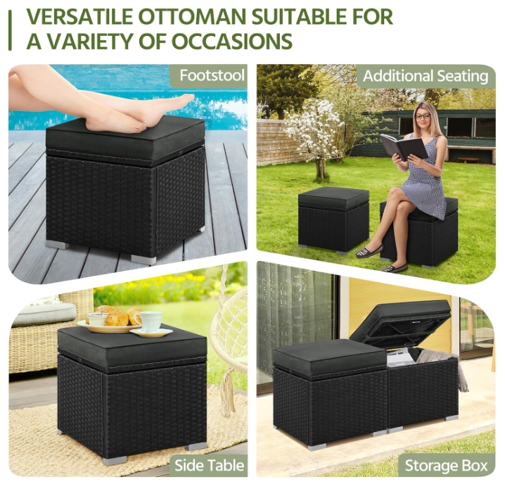 Yaheetech Rotan Poefs Set van 2 Zwart/Grijs 39,4 x 39,4 x 40,6 cm