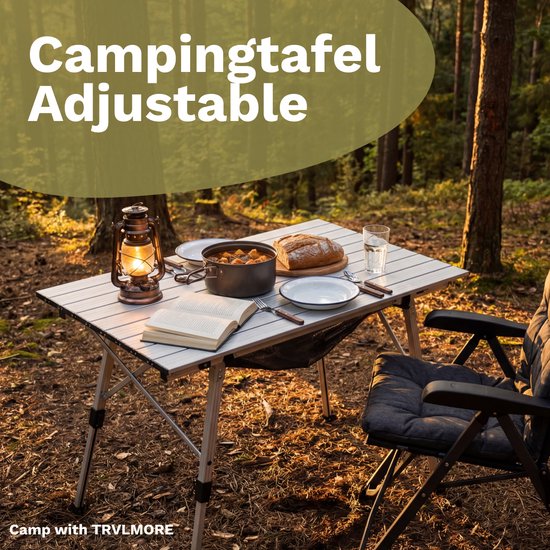 TRVLMORE Campingtafel Verstelbaar - 90x52x71cm - Inklapbare Tafel met Aluminium Frame - Lichtgewicht - Kampeertafel - Klaptafel - Zilver