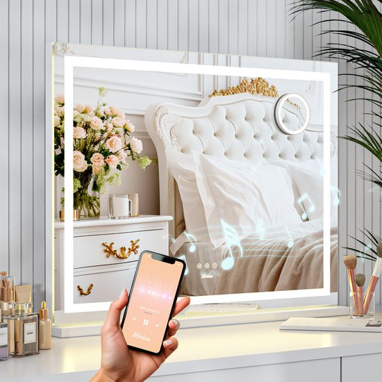 Mirlux Hollywood Spiegel 80x60CM - 2 Bluetooth Speakers - USB & USB-C Oplaadporten - LED Verlichting - Make Up Spiegel - 10x Zoom - Ophangbaar - Wit