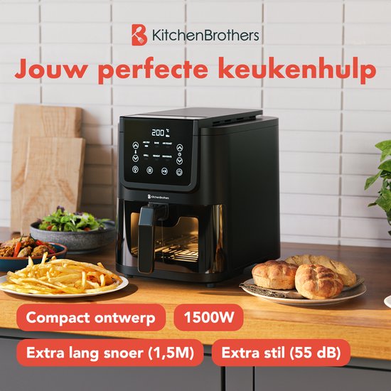 KitchenBrothers Airfryer XL - 5L - 1500W - Heteluchtfriteuse - 60ºC tot 200ºC - Small design - Extra stil - 6 Kookprogramma's - Zwart