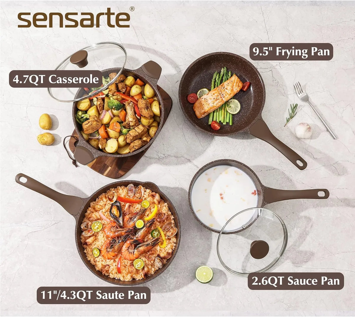 SENSARTE Antiaanbak Pannenset 13-Delig - Toffeebruin - Graniet Coating, PFOA-Vrij