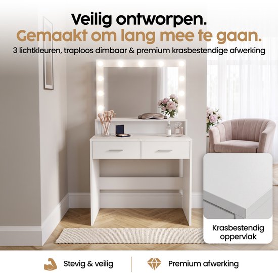 Infinity Goods Kaptafel - Make Up Tafel - Met Spiegel en 11 LED Lampen - Veel opbergruimte - Dimbaar - Wit