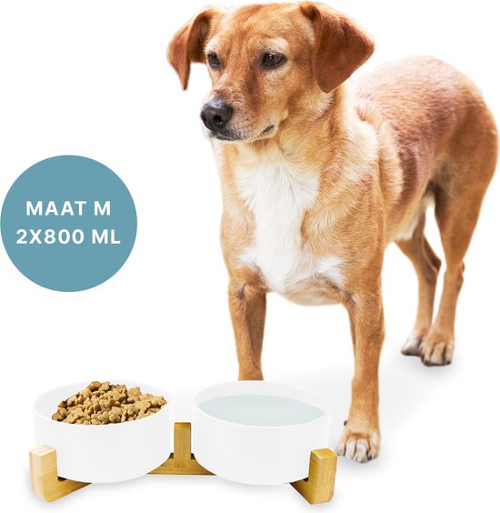 Voerbak Hond - Drinkbak - Met Bamboe Standaard - 2x 800 ml - Maat M - Wit Mat