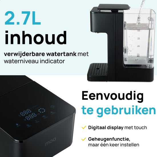 MOA Heetwaterdispenser 2,7L met Temperatuurregeling - Instant Waterkoker - 45-100°C - Heetwatertap - Melkfunctie - BPA-vrij - RVS - Zwart