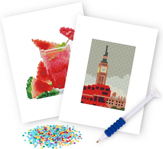 Rubye® Mini Diamond Paintings - 2 stuks - Set - Volwassenen - Diamond Painting Kinderen - Big Ben & Watermeloen Cocktail- 15x20cm