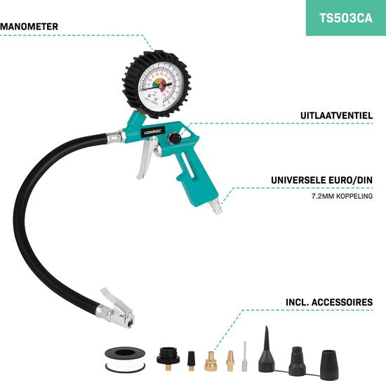 VONROC Luchtgereedschapset - 4-delig - Bandenpomp, luchtpistool, verfspuit en 5m spiraalslang - Universele EURO/DIN 7.2mm koppeling