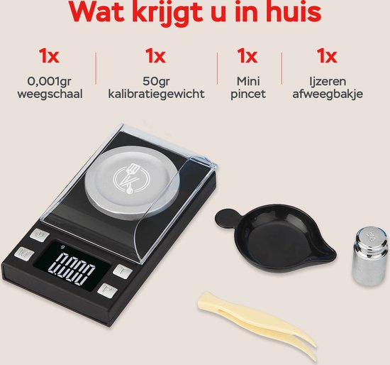 Kitchenwell digitale mini precisie keukenweegschaal - 0,001 tot 100 gram - 11.0 x 6.3 cm - pocket scale op batterij - weegschaal keuken