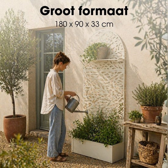 Mica Decorations Sapri Plantensteun - Plantenbak met Klimrek voor Klimplanten - Plantenstandaard Vrijstaand of tegen Muur - 90 x 33 x 180 cm - Off White