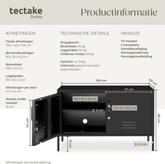 tectake® Stalen Dressoir - TV Meubel - 100 x 42,5 x 65 cm - Commode - Verstelbare Planken - 2 Deuren met Magneetsluiting - Lowboard - Metalen Kast - Zwart