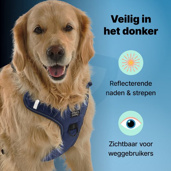Jake and Jacky Hondentuigje - Anti-Trek Tuig - Hondenharnas - Y Tuig Hond - Reflecterend - Blauw - Maat XL