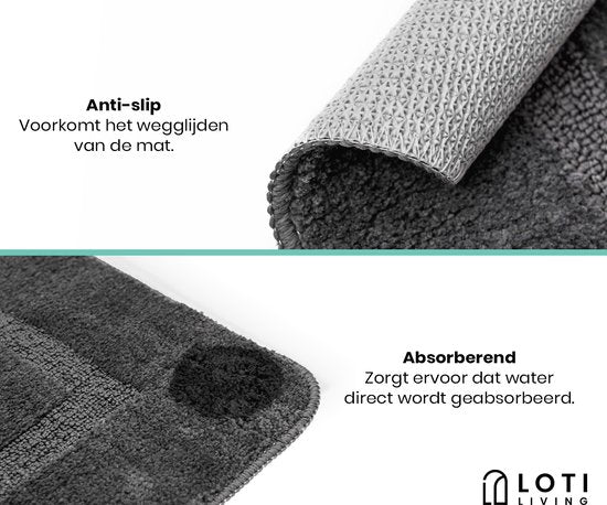 Loti Living Badmat Set Met Toiletmat Antislip – Douchemat – Badmat Badkamer – Vloermat – Badmat set wc mat – Badmat set antislip - Grijs - 50x80 cm + 50x40 cm