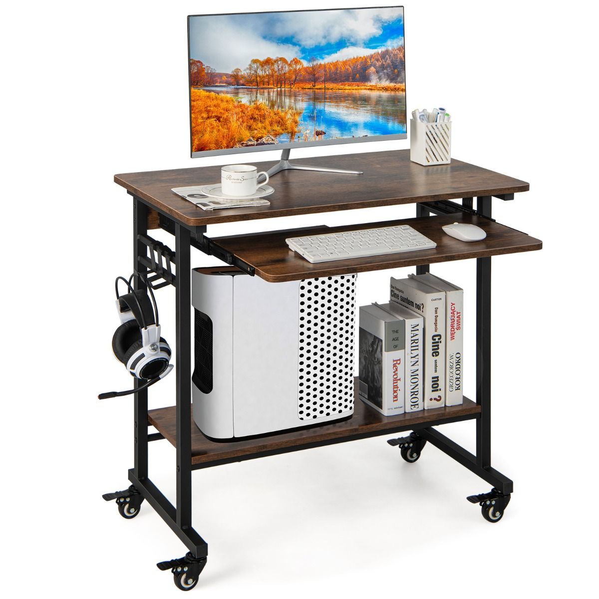 Coast Mobiel Computerbureau - uitschuifbaar toetsenbordblad - opbergplank en haken - rustiek bruin 80 x 50 x 78 cm