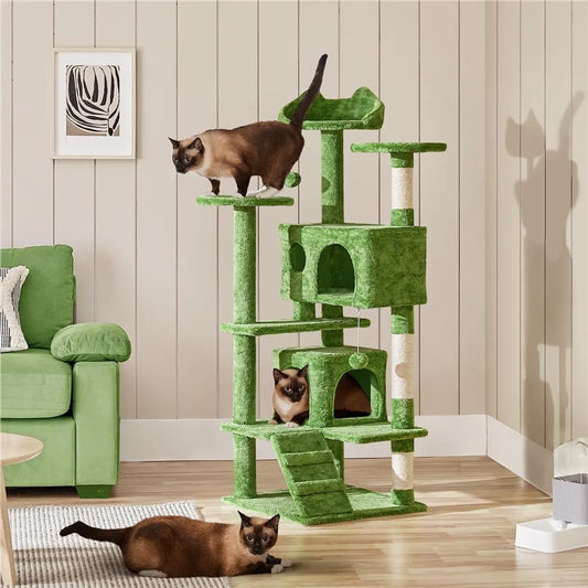 Yaheetech Krabpaal met 3 Ligplatforms en 2 Slaapgrotten - Groen - 49 x 49 x 139 cm