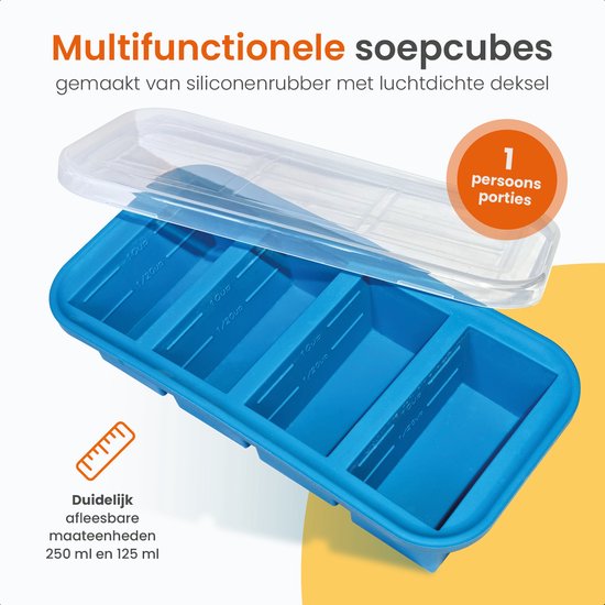 Goliving 4 in 1 Diepvriesbakjes - Vershoudbakjes - 4 x 250ml - Meal Prep Bakjes - Siliconen Bewaarbakjes met Deksel - Vershouddoos Babyvoeding - Diepvries en Magnetron - Blauw