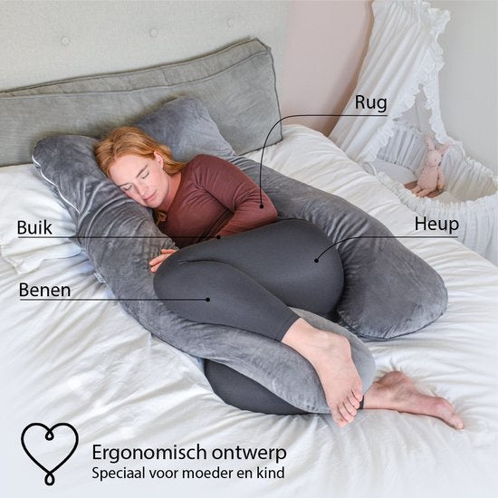 EL-Life Zwangerschapskussen XXL U-Vorm - Zijslaapkussen - Lichaamskussen - Voedingskussen - Body Pillow - 140x80cm - Afneembare Minky Fleece Hoes, Grijs
